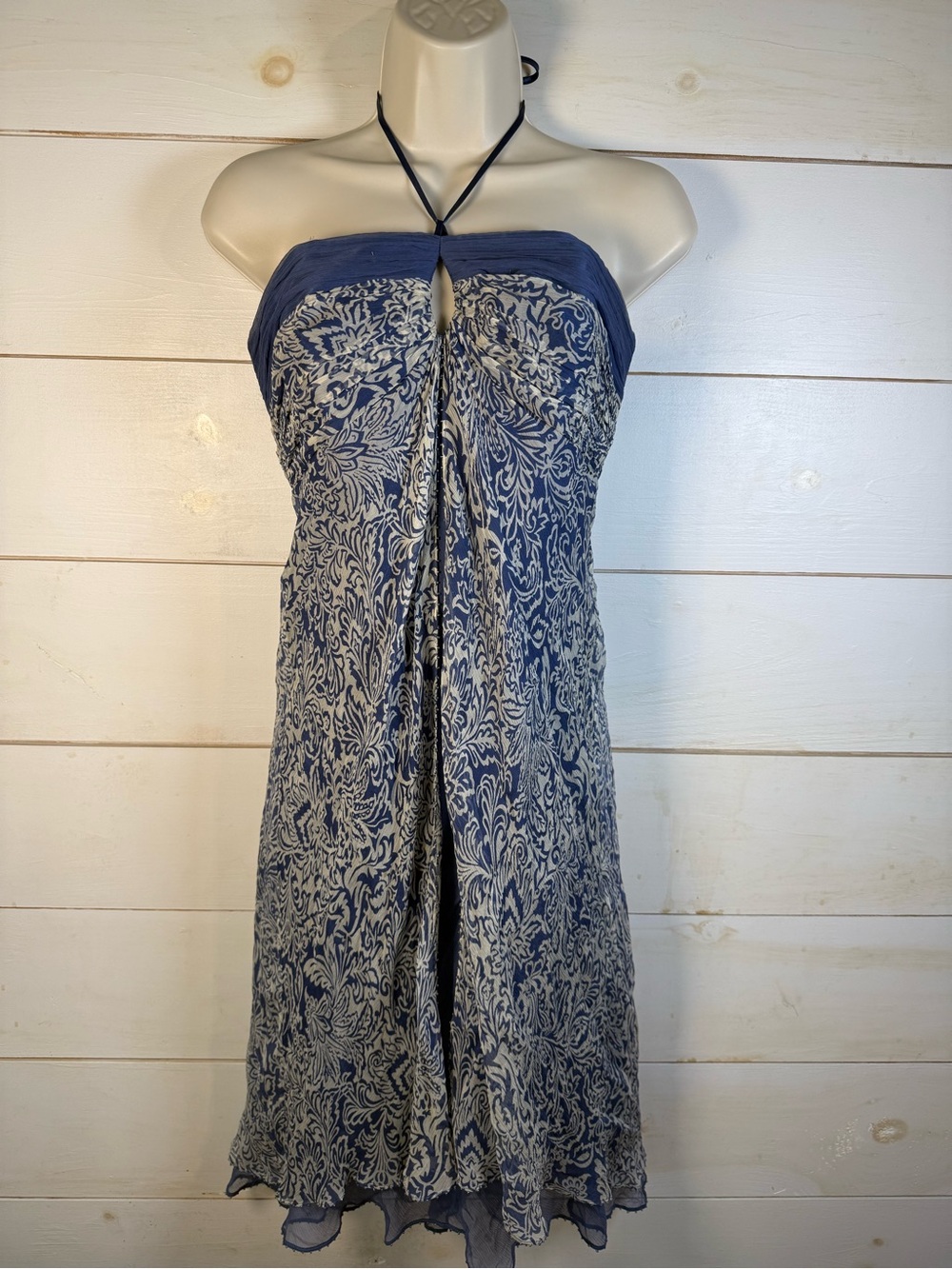 100% Silk Blue Floral Halter Midi Dress Y2K Size 6